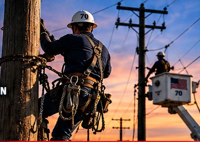 Electrical lineworker climbing a utility pole
